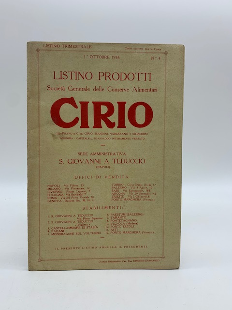Listino trimestrale prodotti Società generale delle Conserve alimentari Cirio, 1° ottobre 1936